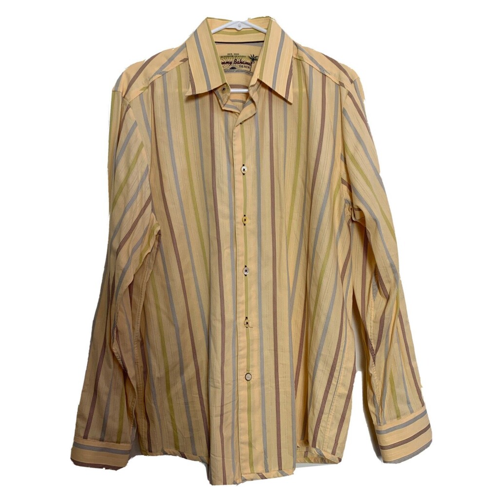 Tommy Bahama Denim Shirt Button Down Casual Long Sleeve Yellow Stripe Cotton M